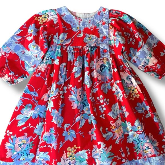 Vintage 90s Mousefeathers Girls Peasant Dress Sz 4 Boho Red Floral Midi A-line - Picture 2 of 10